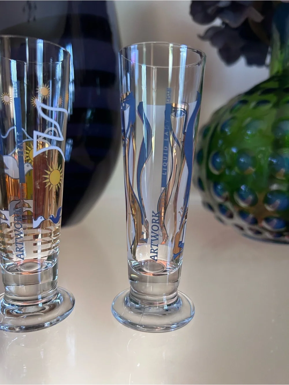 Vintage Rastal Artwork Collection “Liquid Lady” & “Peace” Footed Cordial Glasses